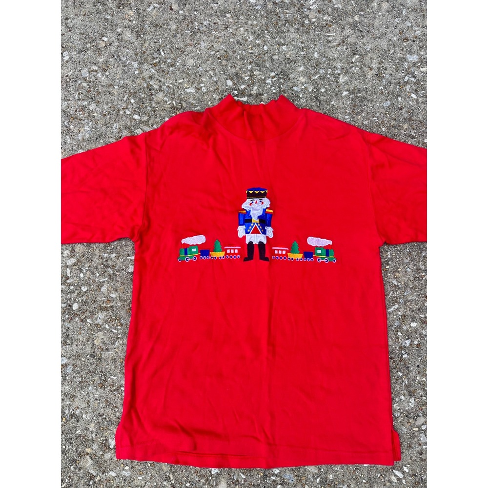 Westbound Red Nutcracker Train Mock Neck Long Sleeve Cotton Shirt Size S